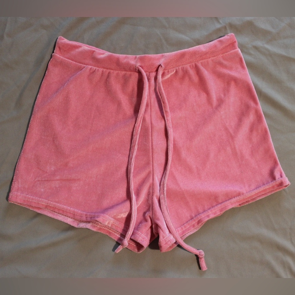 Pink Velour High Waist Drawstring Shorts